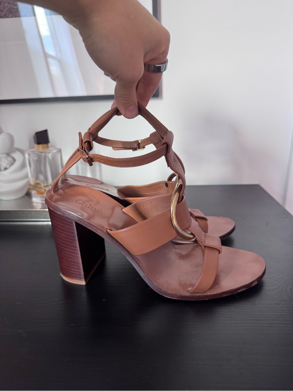 Chloe Rony Brown Leather Ring-Strap High Heel Sandals